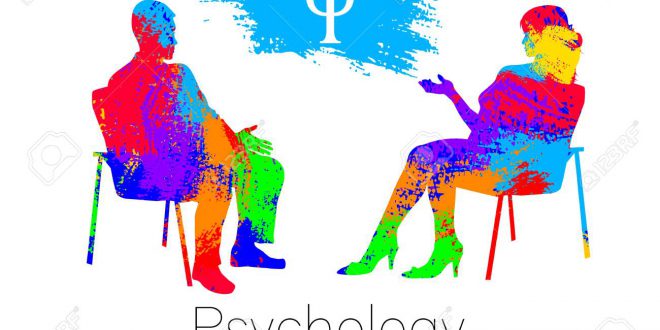 The psychologist and the client. Psychotherapy. Psycho therapeutic session. Psychological counseling. Man woman talking while sitting. Silhouette.Rainbow brush profile. Design concept sign modern.
