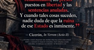Busto de Cicerón entre ruinas romanas con su frase de In Verrem sobre la república perdida y las cosas juzgadas rescindidas