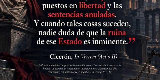 Busto de Cicerón entre ruinas romanas con su frase de In Verrem sobre la república perdida y las cosas juzgadas rescindidas