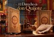 El Derecho de don Quijote: dos ejemplares del Quijote de Montaner y Simón, una figura de don Quijote y Sancho y una caracola sobre un escritorio. Domínguez Lobato Abogados