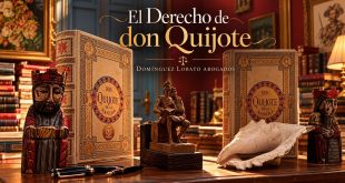 El Derecho de don Quijote: dos ejemplares del Quijote de Montaner y Simón, una figura de don Quijote y Sancho y una caracola sobre un escritorio. Domínguez Lobato Abogados
