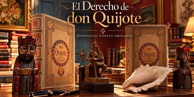 El Derecho de don Quijote: dos ejemplares del Quijote de Montaner y Simón, una figura de don Quijote y Sancho y una caracola sobre un escritorio. Domínguez Lobato Abogados
