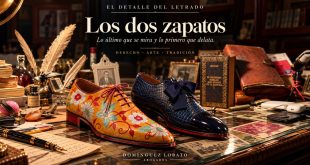 Dos zapatos a medida de Abraham Zambrana, uno bordado y otro con lazo de gros, sobre la mesa del despacho de Eduardo Domínguez-Lobato
