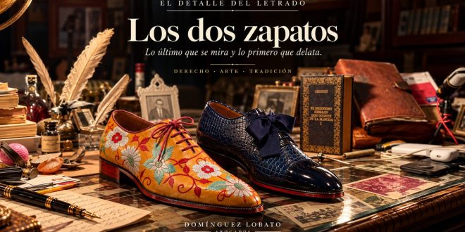 Dos zapatos a medida de Abraham Zambrana, uno bordado y otro con lazo de gros, sobre la mesa del despacho de Eduardo Domínguez-Lobato